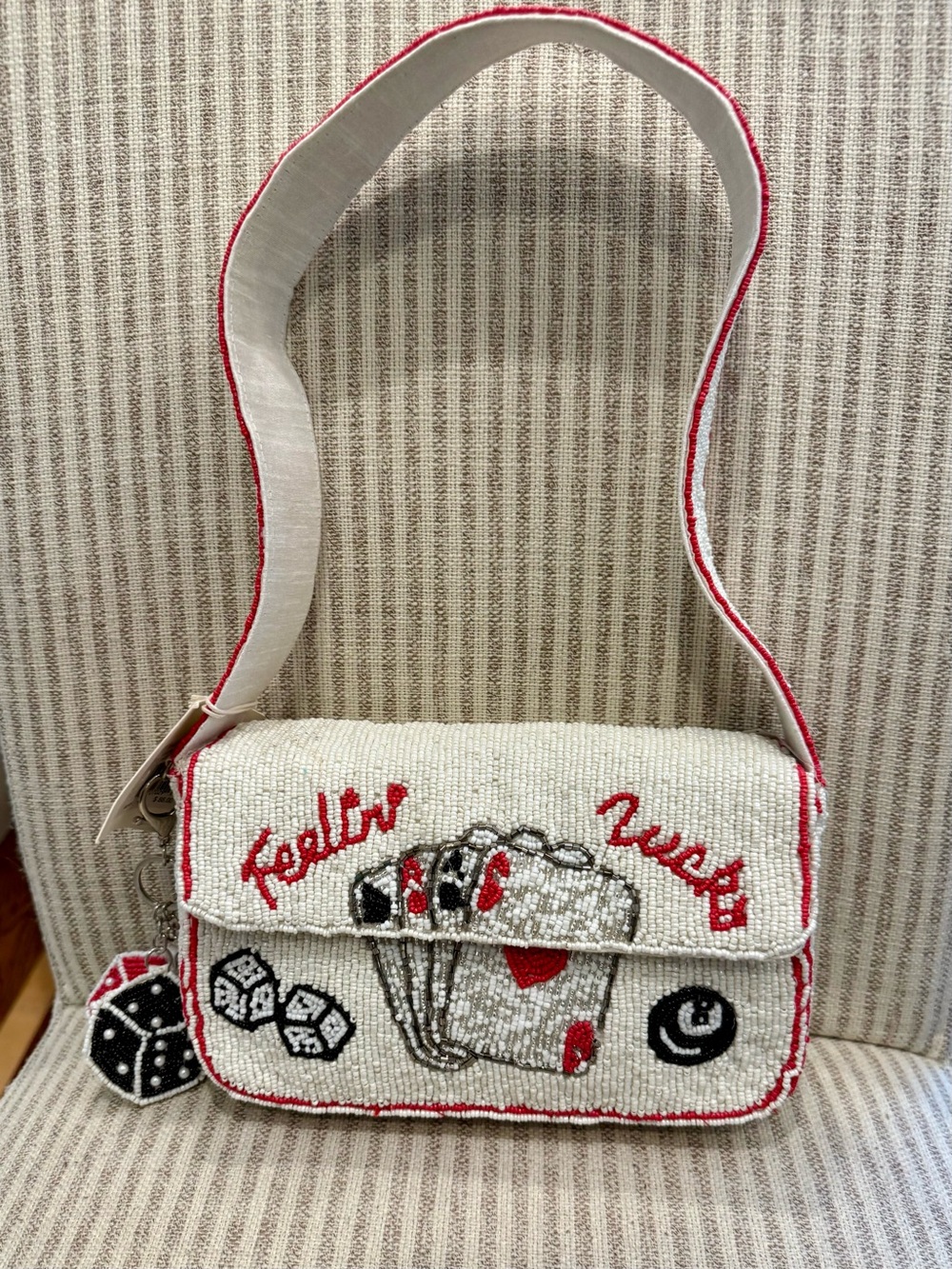 Beaded White & Red Women's Crossbody Bag with Game Motif